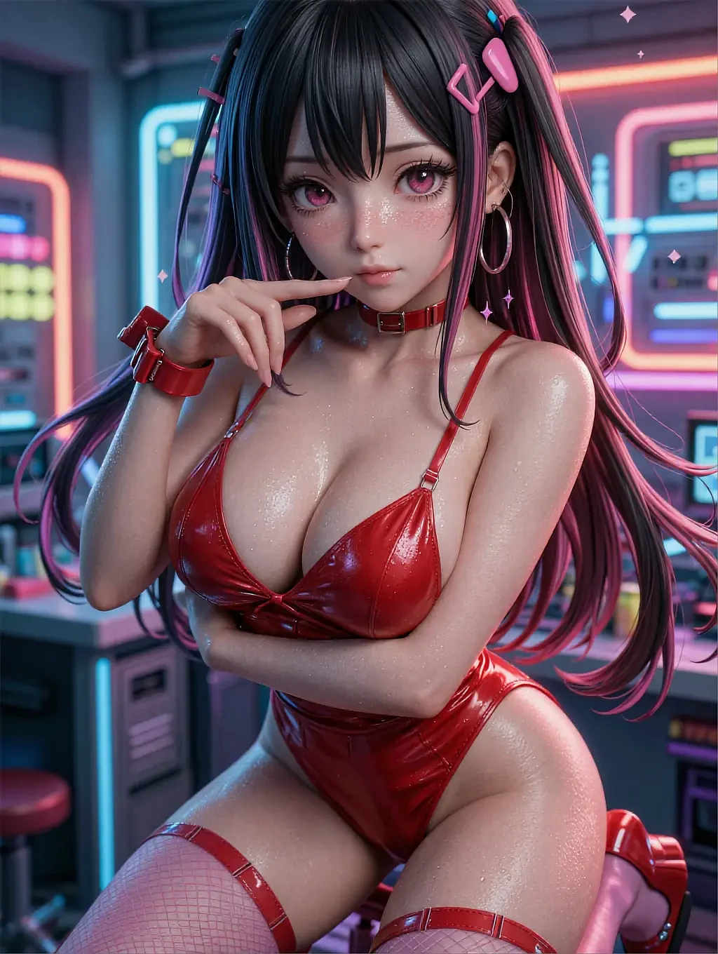 Illustrated anime character Mio, controller in hand, screen glow on her face